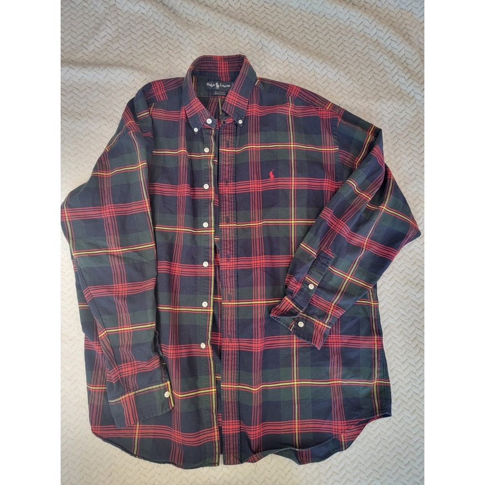 Polo Ralph Lauren Shirt Men L Green Blue Red Plaid Long Sleeve " Big Shirt "
